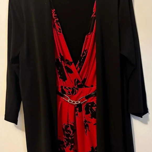 Jaclyn Smith Collection XL Red Black Floral Faux Wrap Dress Overlay Cardigan - Picture 2 of 16